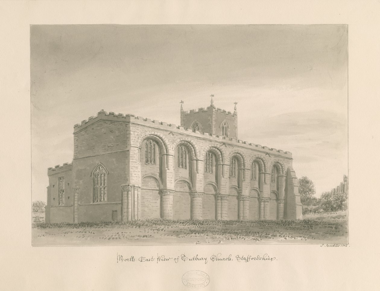 Chiesa Priorale di Tutbury: disegno a lavaggio seppia, 1812 da John Buckler