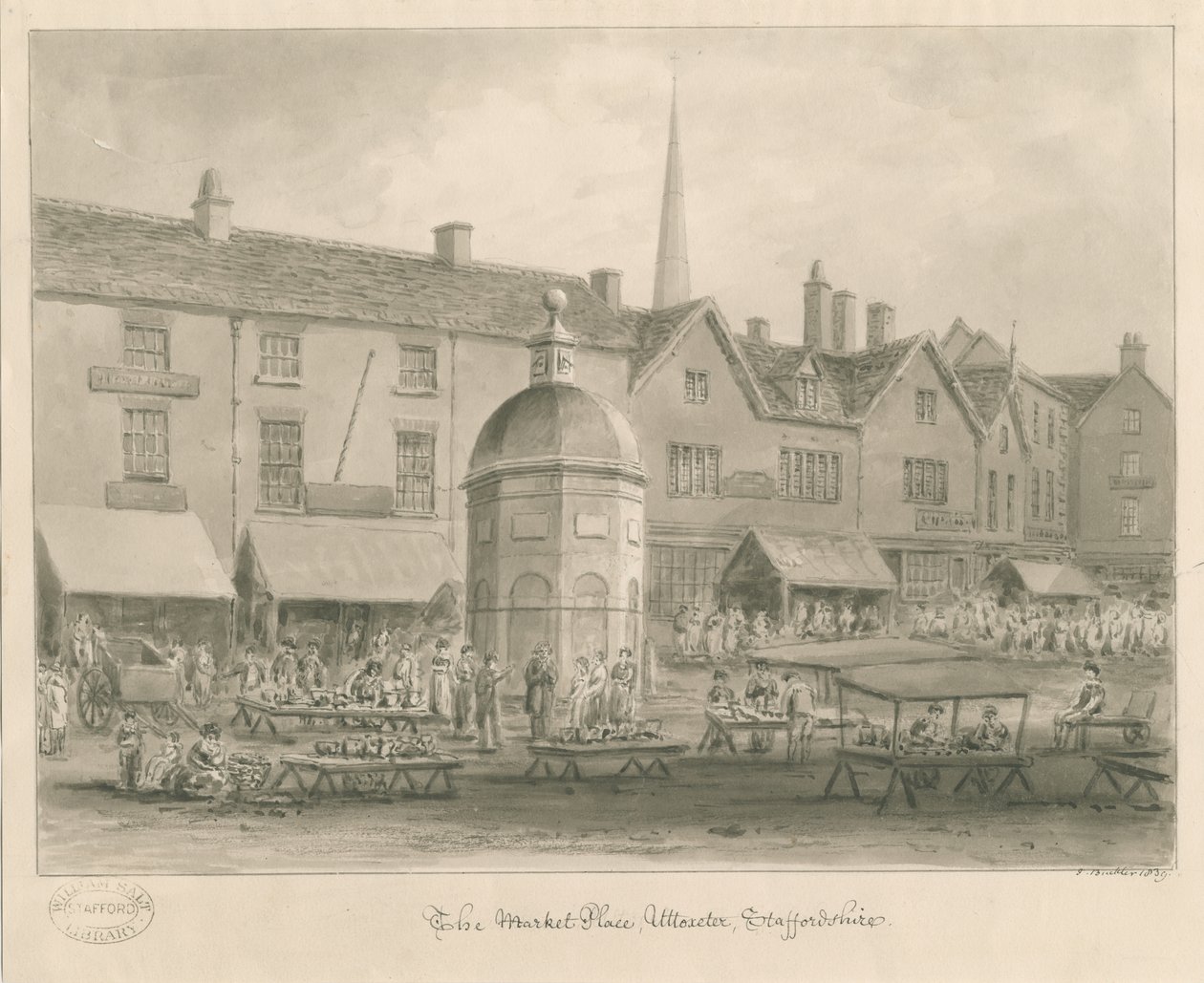 Uttoxeter Town - Piazza del Mercato: disegno a seppia da John Buckler