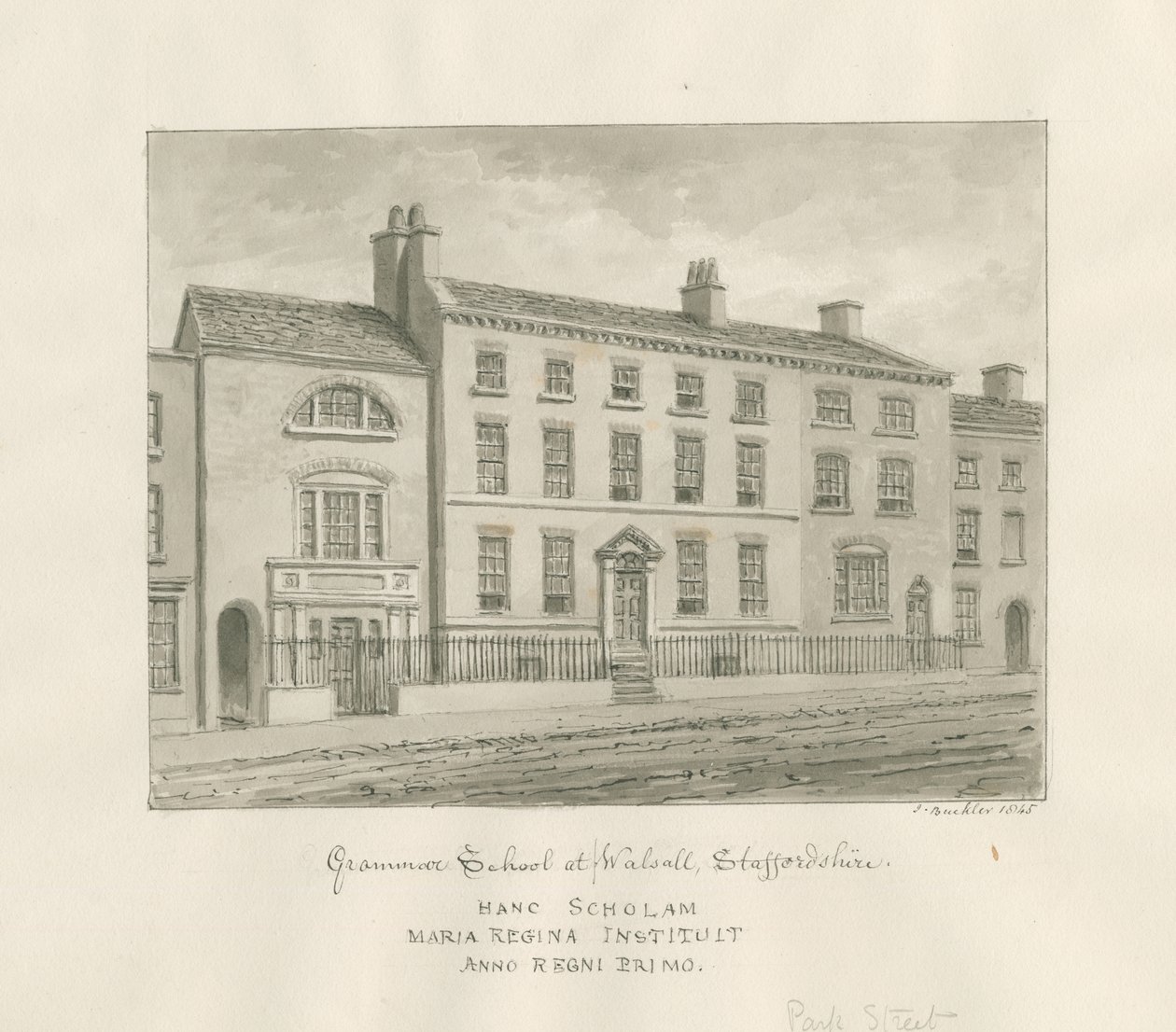 Walsall Town - Scuola di Grammatica: disegno a lavaggio seppia, 1845 da John Buckler