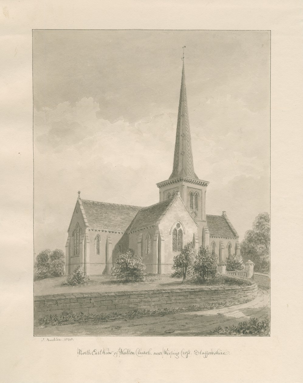 Chiesa di Walton-on-the-Hill: disegno a seppia da John Buckler