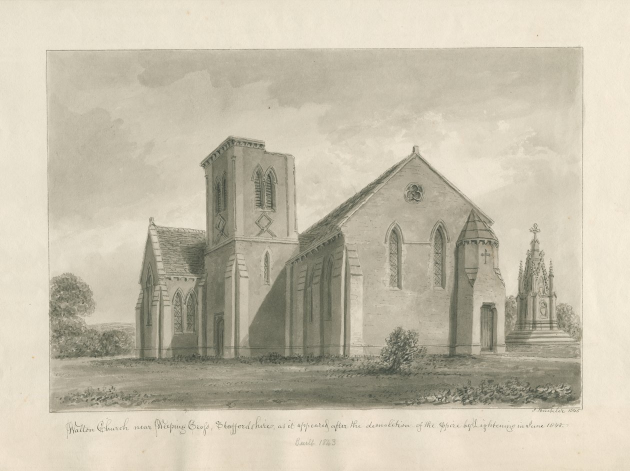 Chiesa di Walton-on-the-Hill: disegno a lavaggio seppia, 1844 da John Buckler