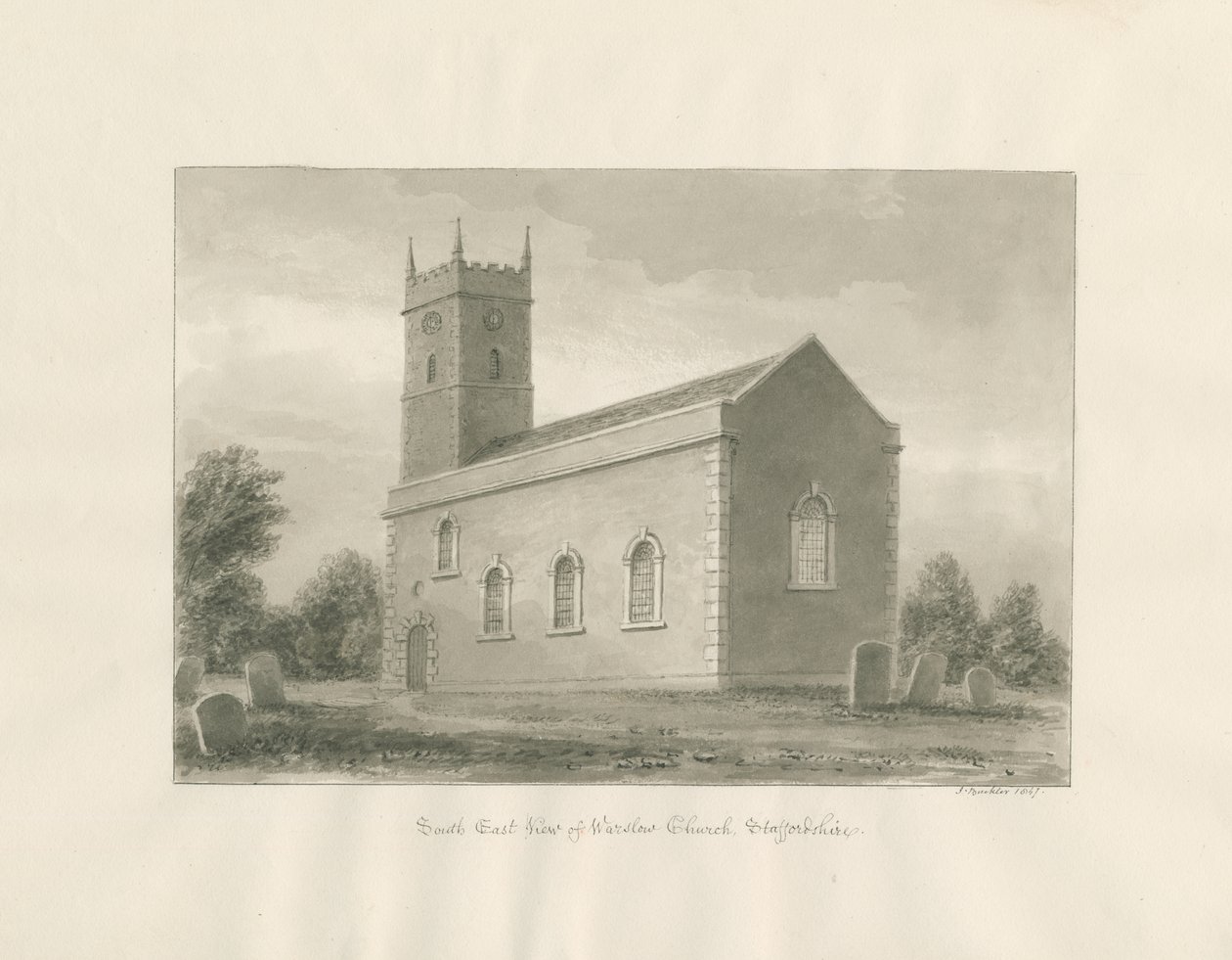 Chiesa di Warslow: disegno a seppia da John Buckler