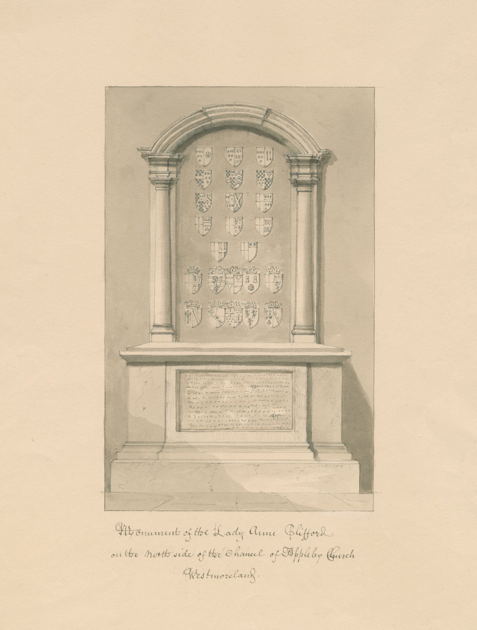 Westmorland - Chiesa di Appleby - Monumento a Lady Anne Clifford (disegno a seppia, 1800) da John Buckler