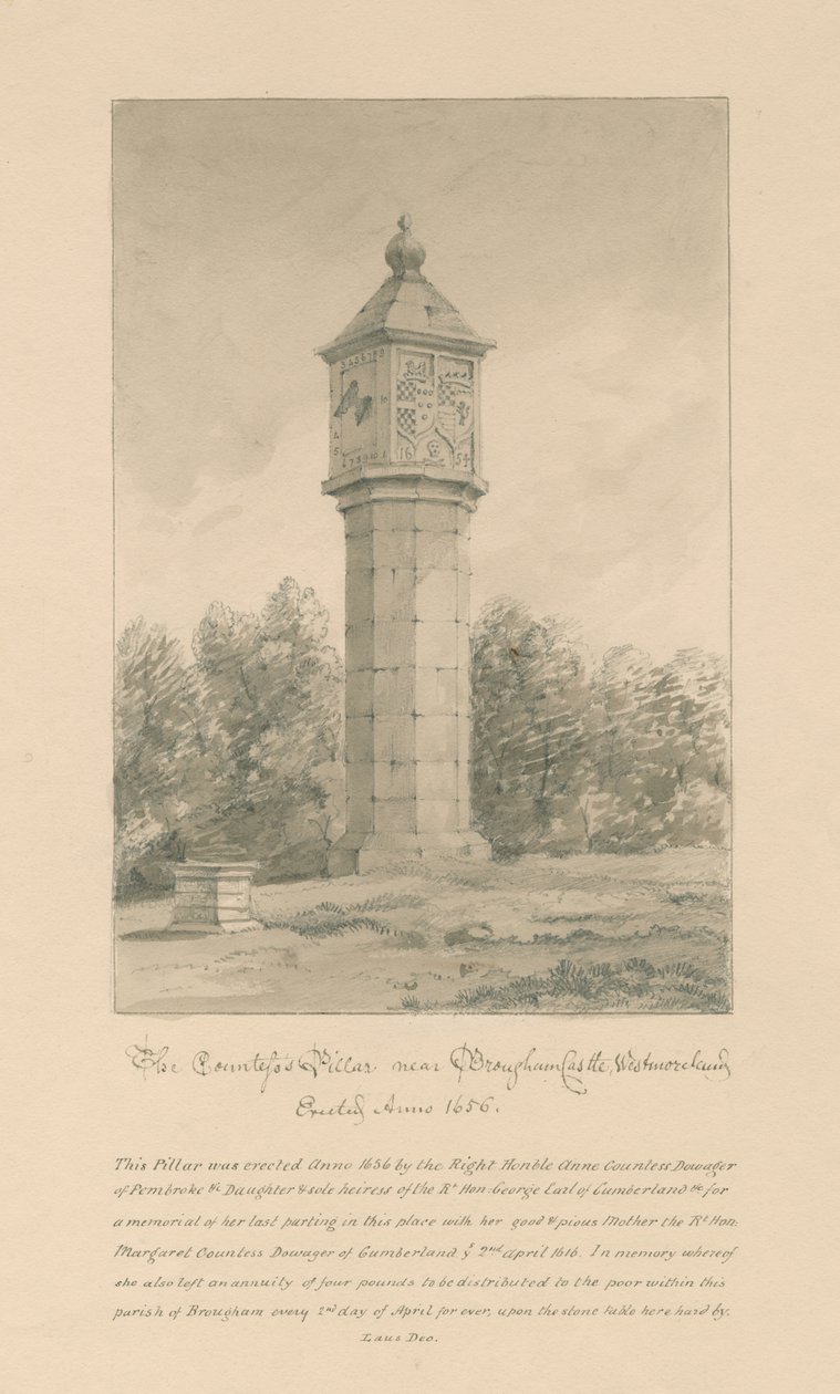 Westmorland - Castello di Brougham - Pilastro della Contessa: disegno a seppia, 1800 da John Buckler