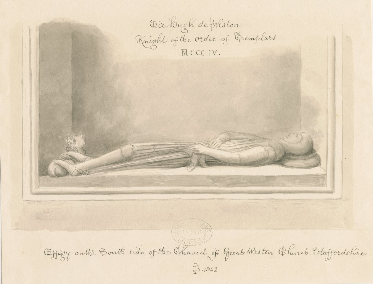 Chiesa di Weston-under-Lizard - Effigie di Sir Hugh de Weston: disegno a seppia, 1842 da John Buckler