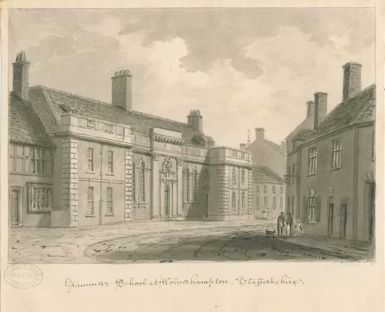 Wolverhampton - Scuola di grammatica (disegno a seppia, 1837) da John Buckler