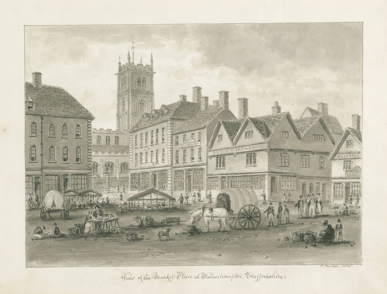 Wolverhampton - Piazza del Mercato: disegno a seppia da John Buckler