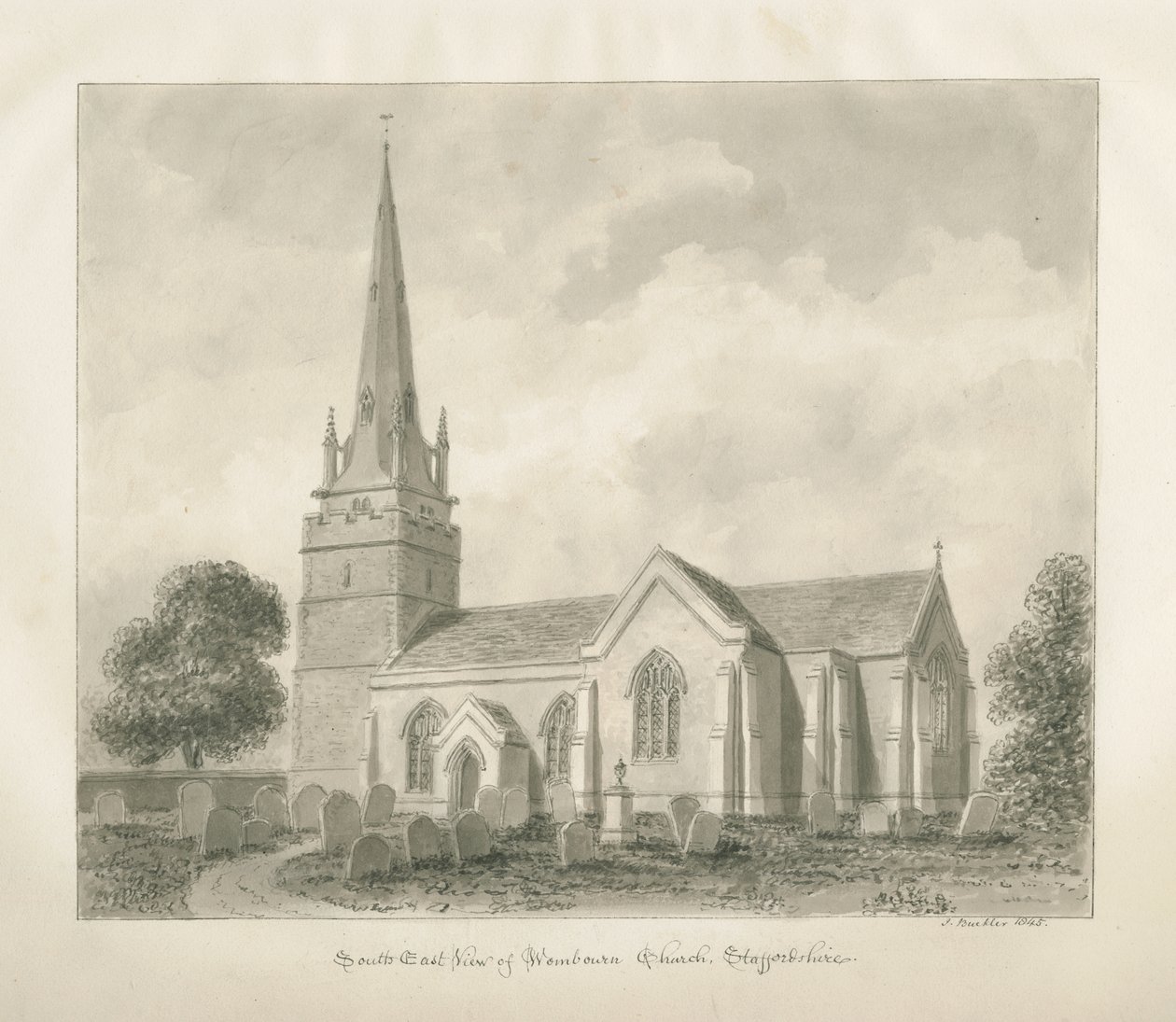 Chiesa di Wombourne: disegno seppia, 1845 da John Buckler