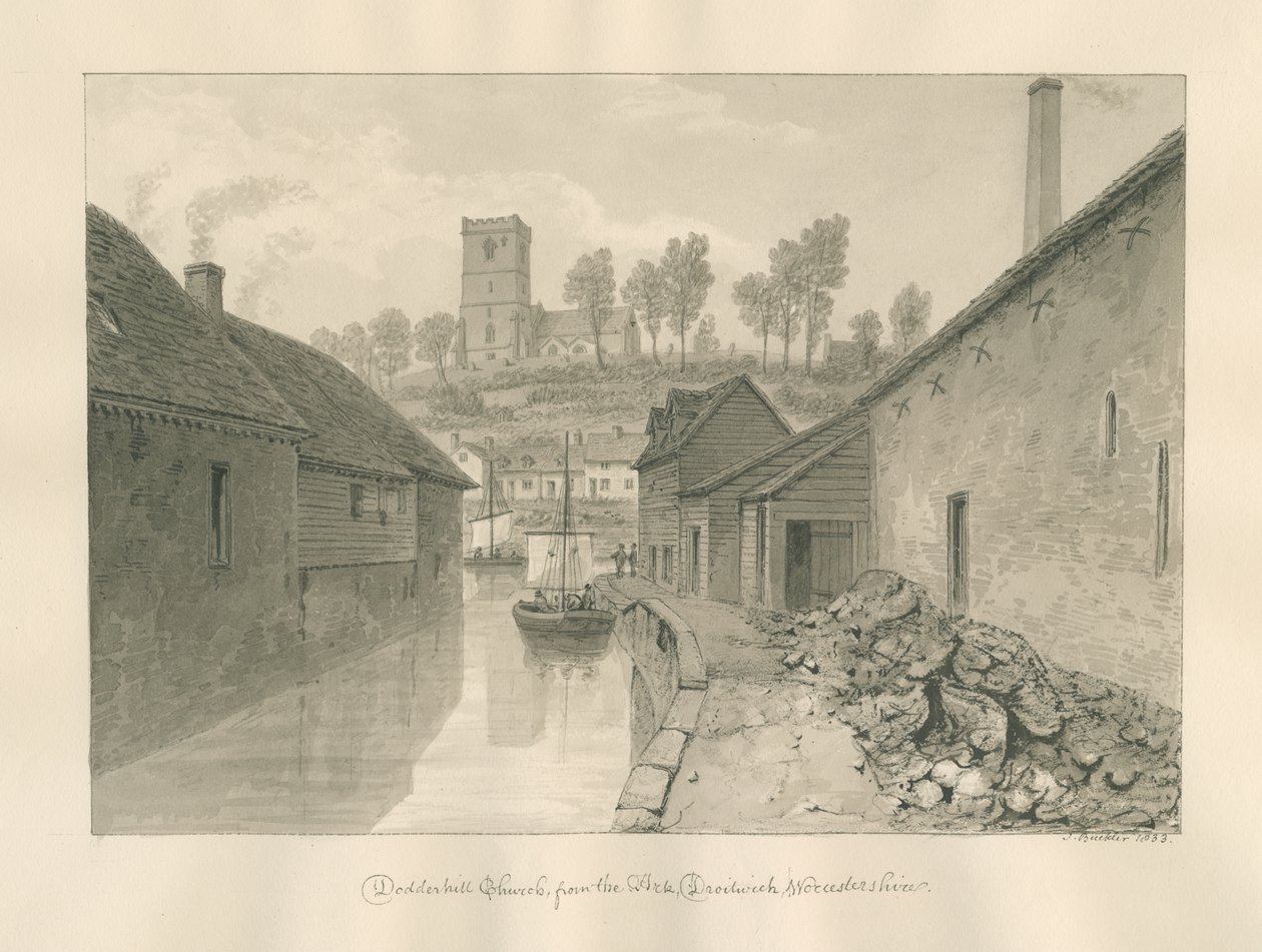 Worcestershire - Droitwich - Chiesa di Dodderhill, Vista distante (disegno a seppia, 1833) da John Buckler