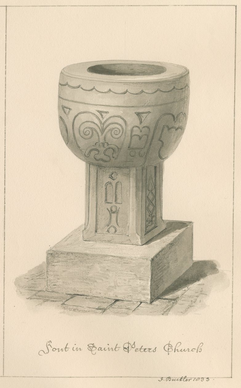 Worcestershire - Droitwich - Fonte battesimale della chiesa di San Pietro (disegno a seppia, 1833) da John Buckler