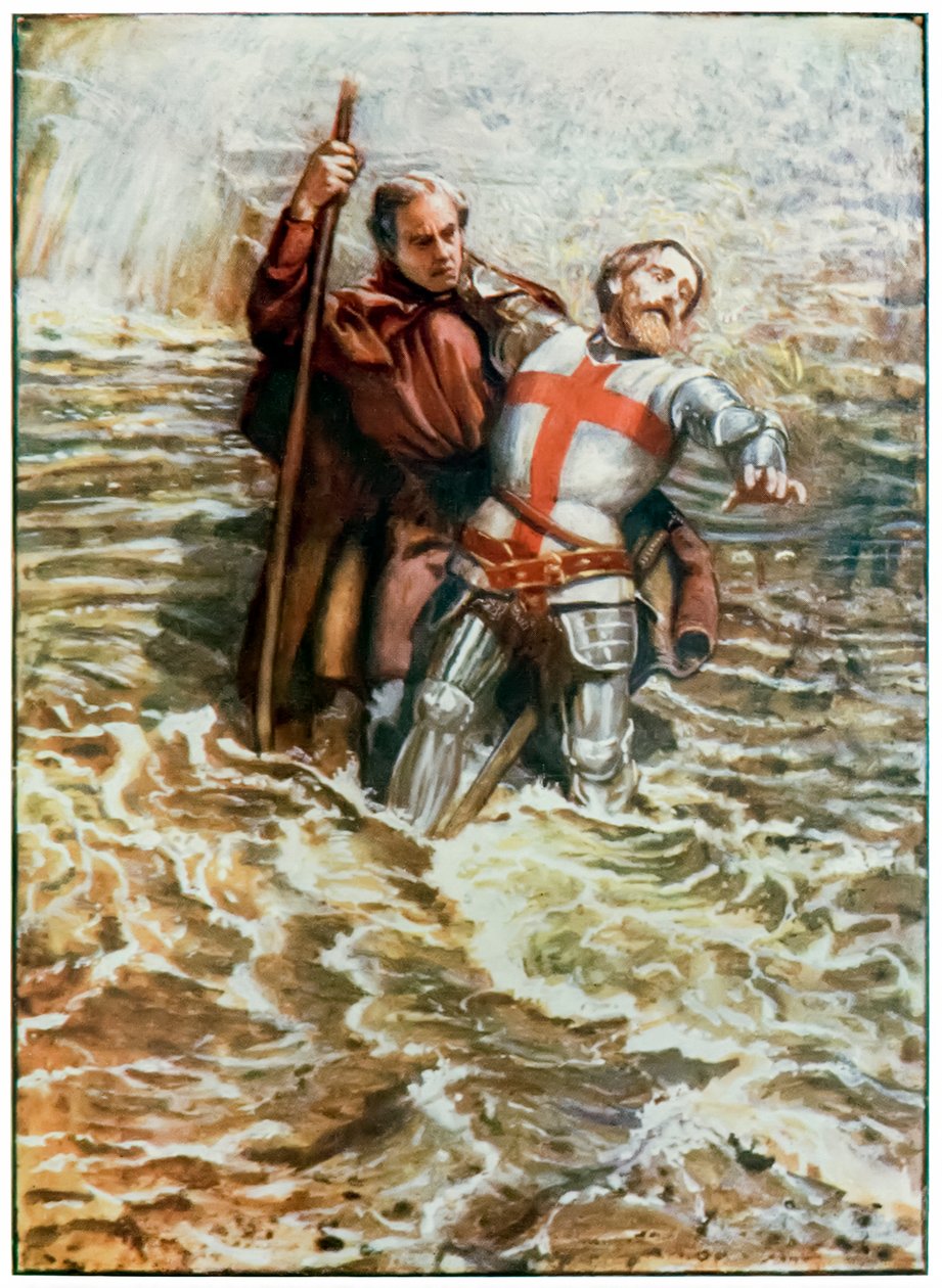 Speranzoso aiuta Cristiano a attraversare il fiume da Il Viaggio del Pellegrino da Questo Mondo a Quello che Verrà di John Bunyan, illustrazione di Byam Shaw da John Byam Liston Shaw