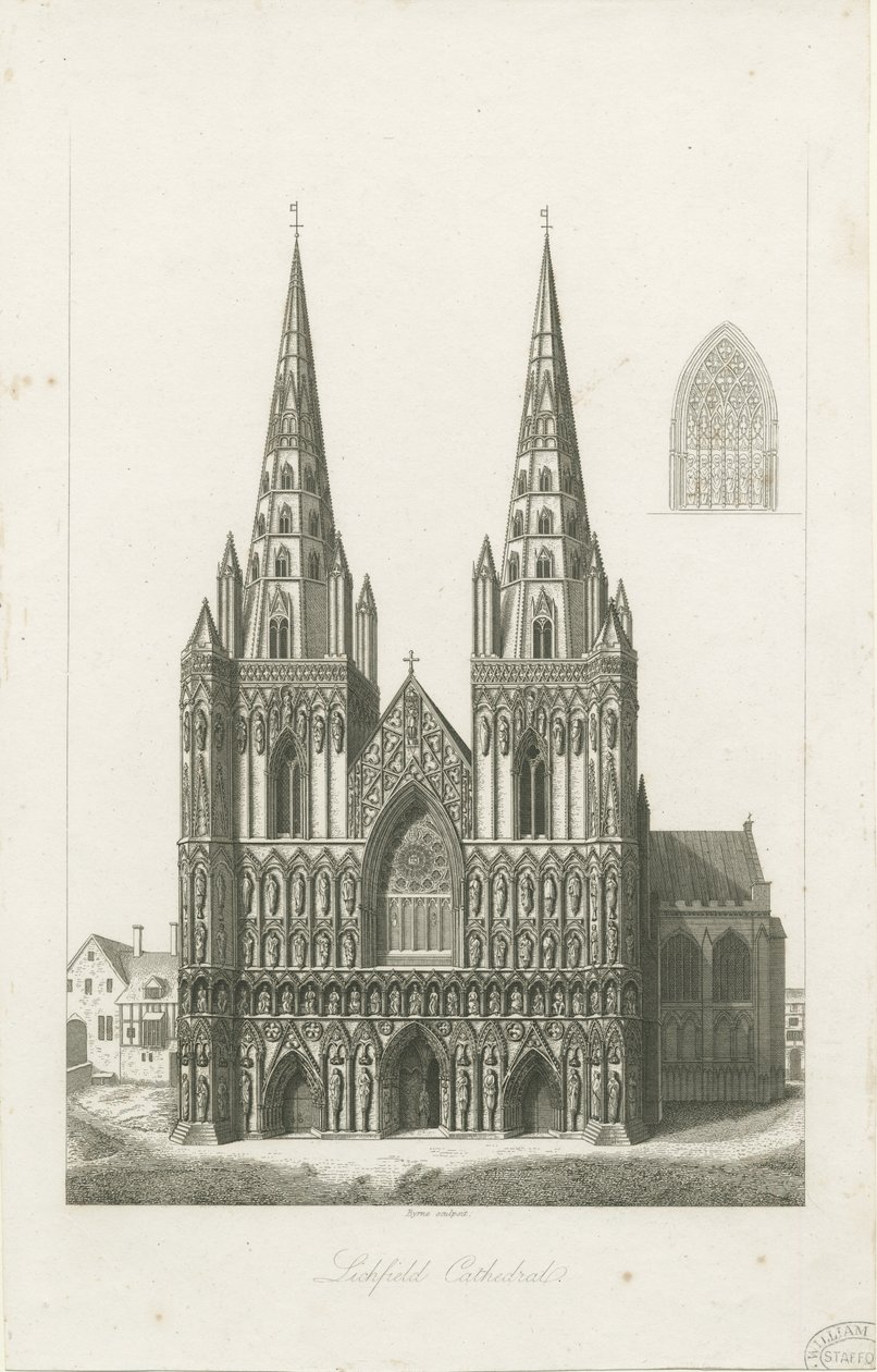 Cattedrale di Lichfield - Facciata Ovest: incisione, nd [?inizio 19° sec] da John Byrne