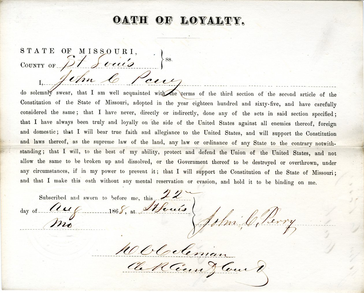 Giuramento di fedeltà di John C. Perry del Missouri, Contea di St. Louis da John C. Perry