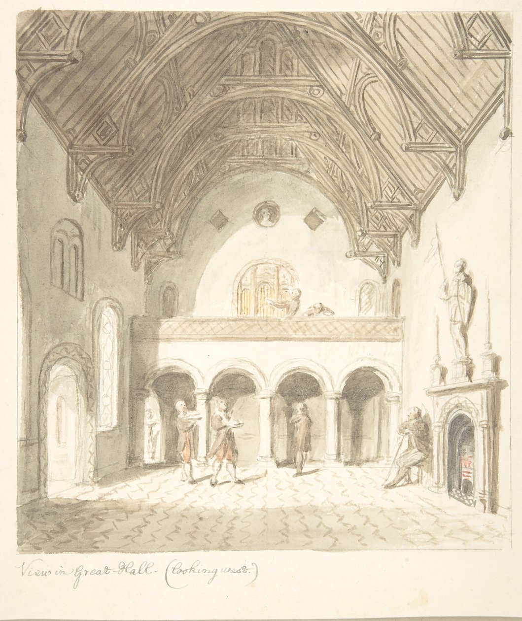 Castello di Lea, Worcestershire, Vista nella Grande Sala, Guardando a Ovest, ca. 1816 da John Carter.