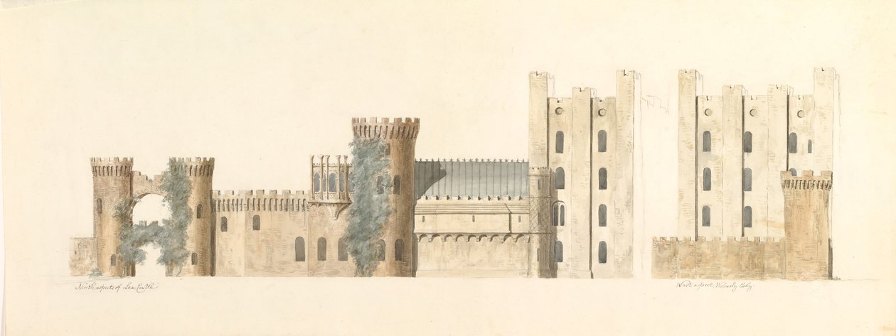 Aspetti nord di Lea Castle e aspetto ovest di Wolverly, Cookly, Worcestershire, ca. 1816 da John Carter.
