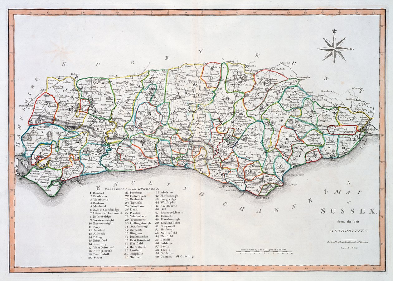 Mappa del Sussex, 26 marzo 1805 da John Cary