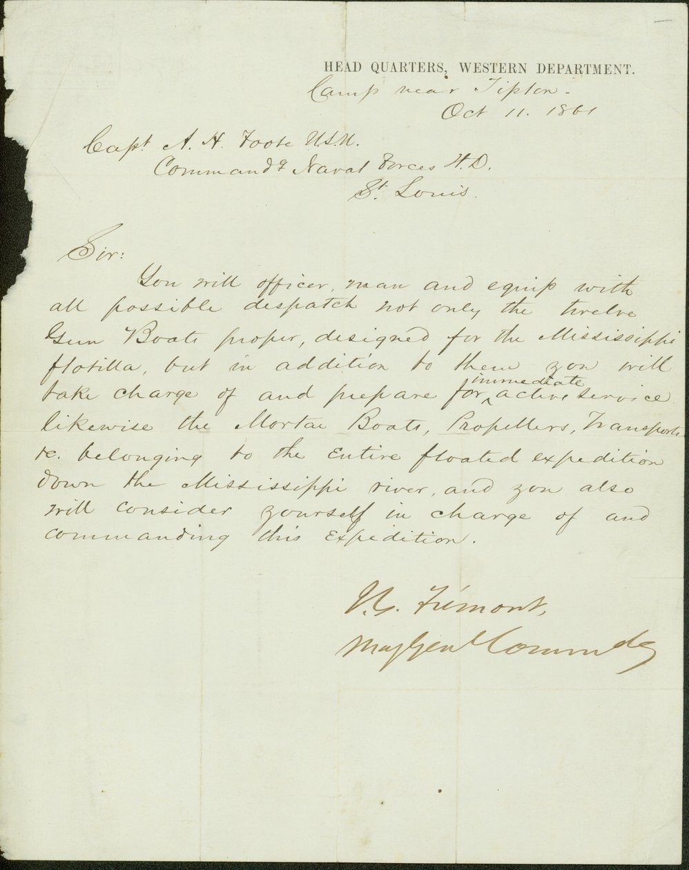 Lettera firmata J.C. Fremont, Maggiore Generale Comandante, Quartier Generale, Dipartimento Occidentale, campo vicino a Tipton, al Capitano A.H. Foote, U.S.N. Comandante delle Forze Navali H.D., St. Louis, 11 ottobre 1861 da John Charles Frémont