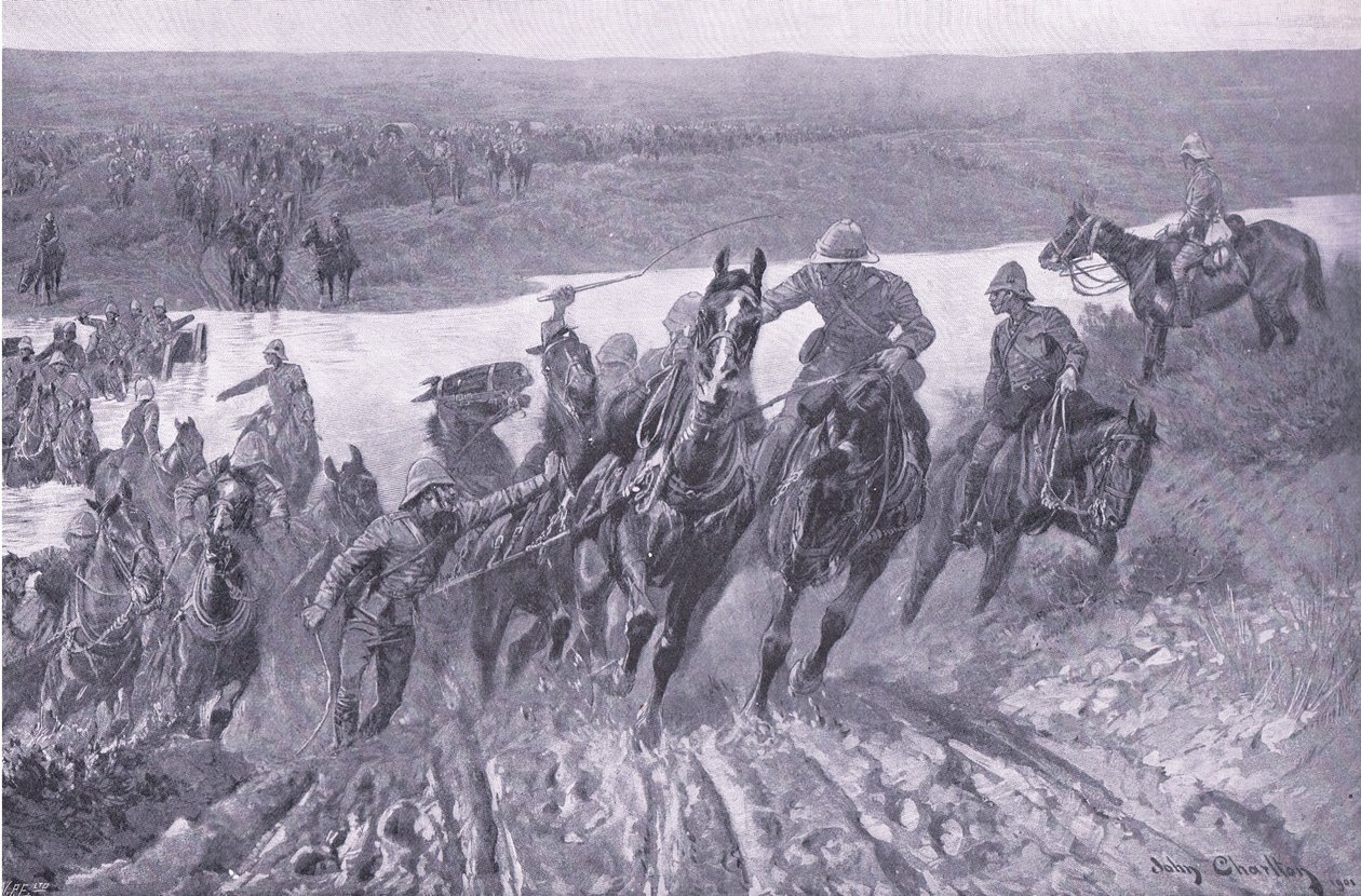 Artiglieria che attraversa il Caledon a Karreepoort Drift, illustrazione da After Pretoria: The Guerilla War, 1902 da John Charlton