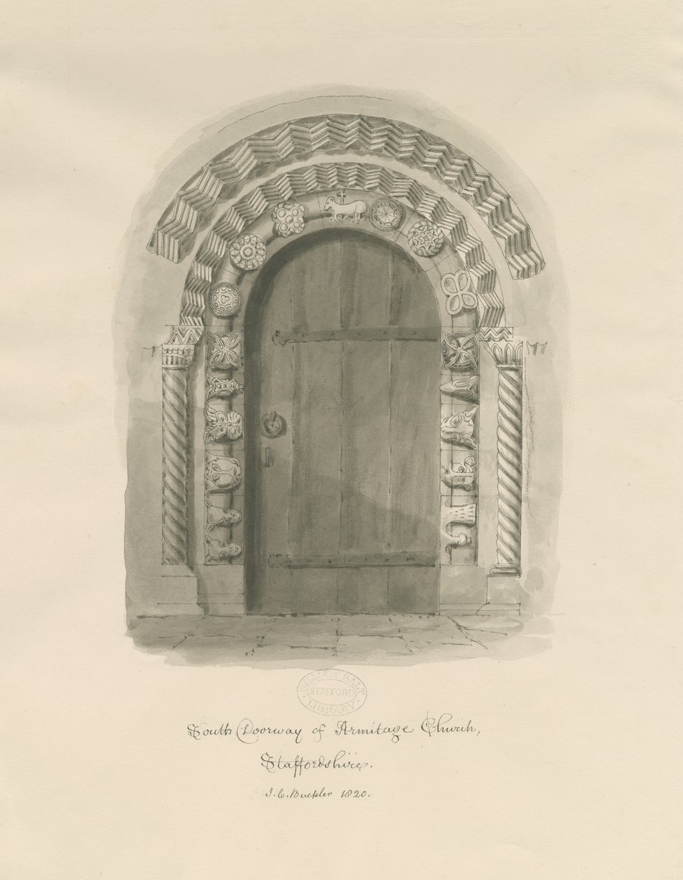 Chiesa di Armitage - Porta Sud: disegno a seppia da John Chessell Buckler
