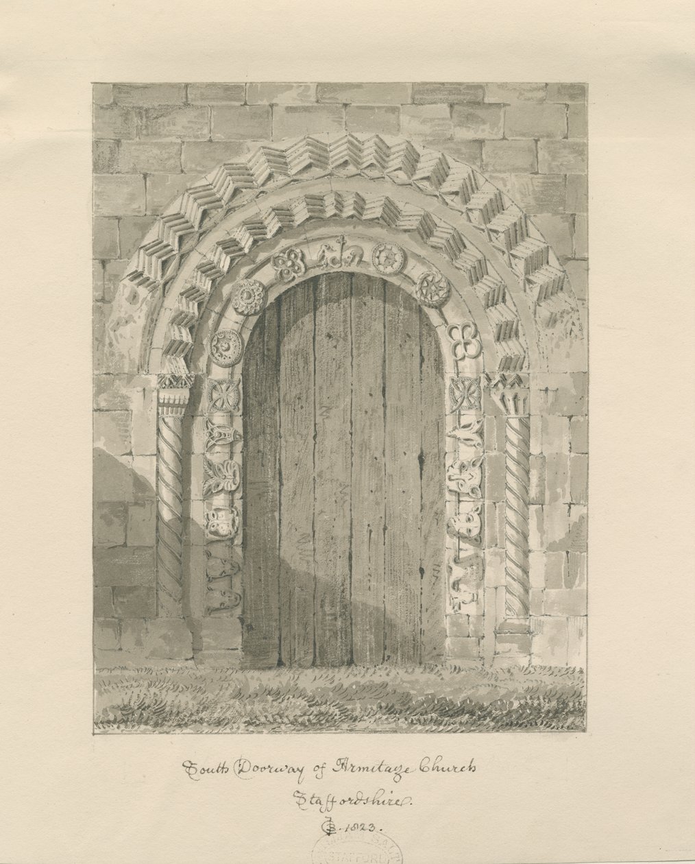 Chiesa di Armitage - Porta Sud (disegno a seppia, 1823) da John Chessell Buckler