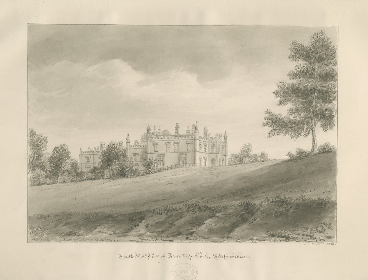 Parco di Armitage: disegno a seppia da John Chessell Buckler