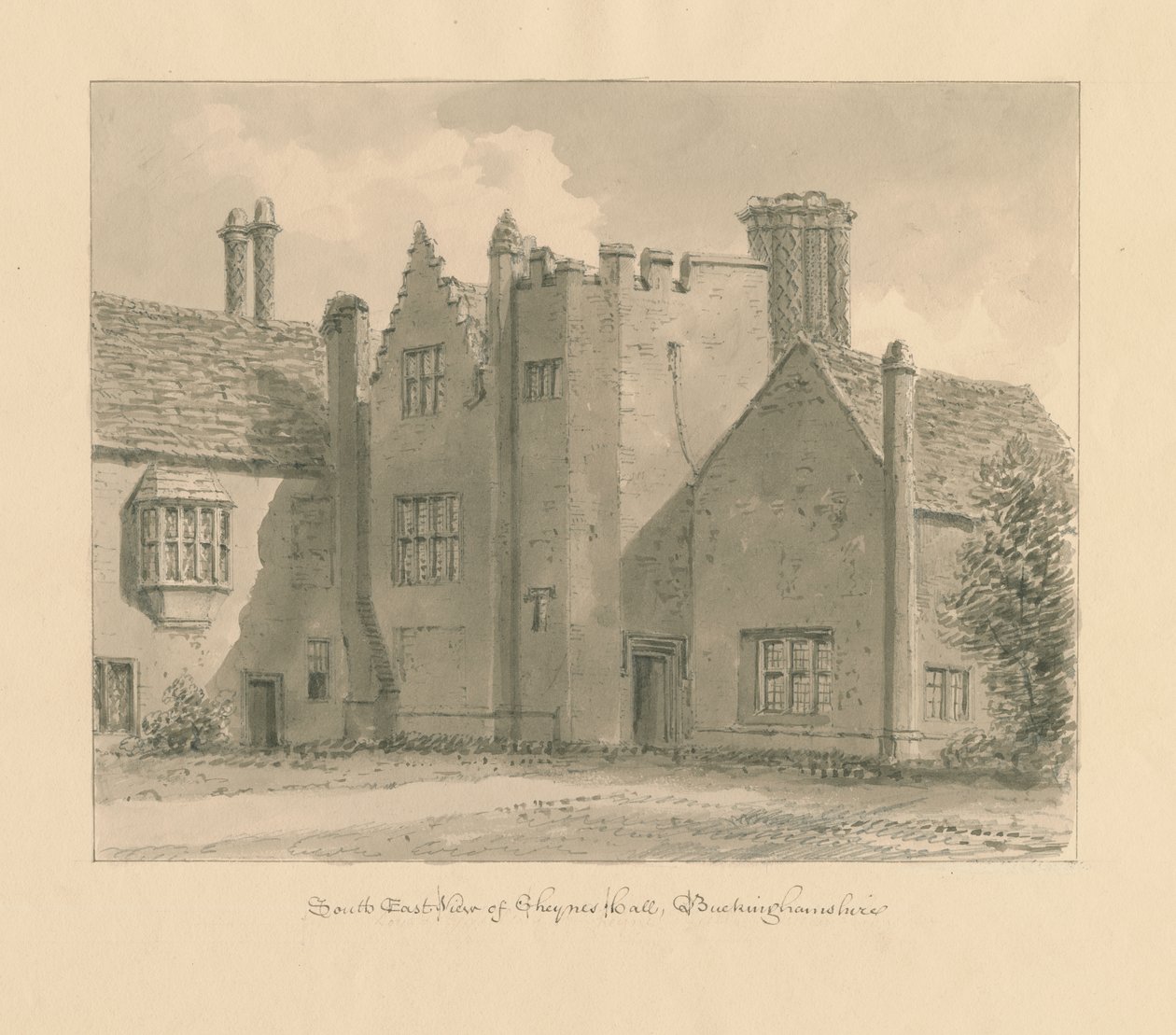 Buckinghamshire - Chenies Hall: disegno a seppia, 1824 da John Chessell Buckler