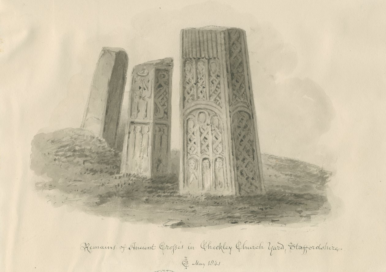 Chiesa di Checkley - Croci antiche: disegno a seppia da John Chessell Buckler