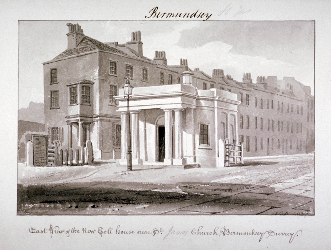 Vista est della nuova casa del pedaggio vicino alla chiesa di San Giacomo, Bermondsey, Londra da John Chessell Buckler