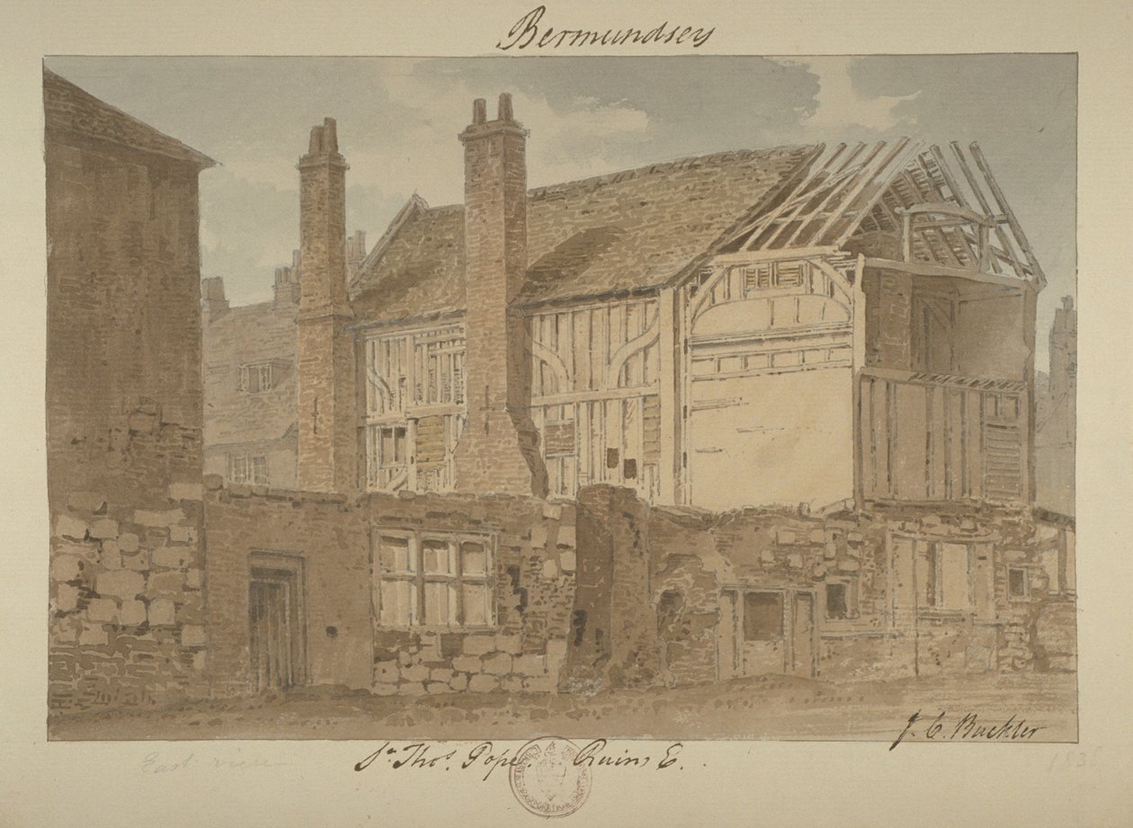 Vista orientale delle rovine di Bermondsey House, 1838 da John Chessell Buckler