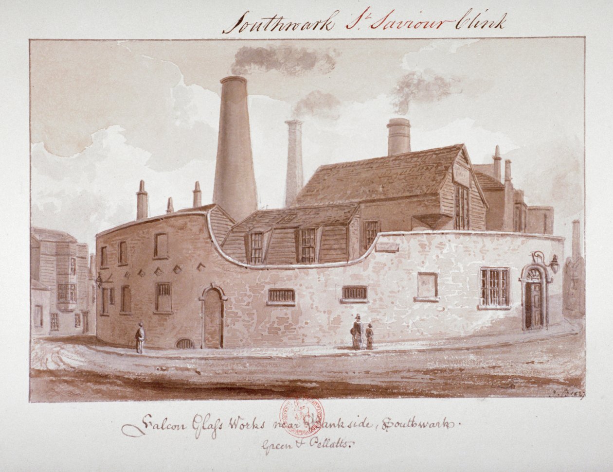 Falcon Glass Works vicino a Bankside, Southwark, Londra, 1827 da John Chessell Buckler