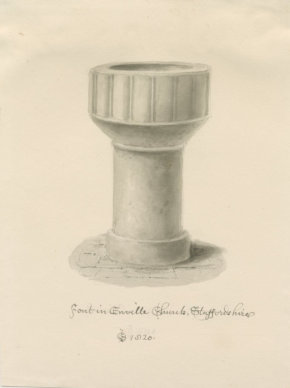 Fonte battesimale nella chiesa di Enville (disegno a seppia, 1820) da John Chessell Buckler