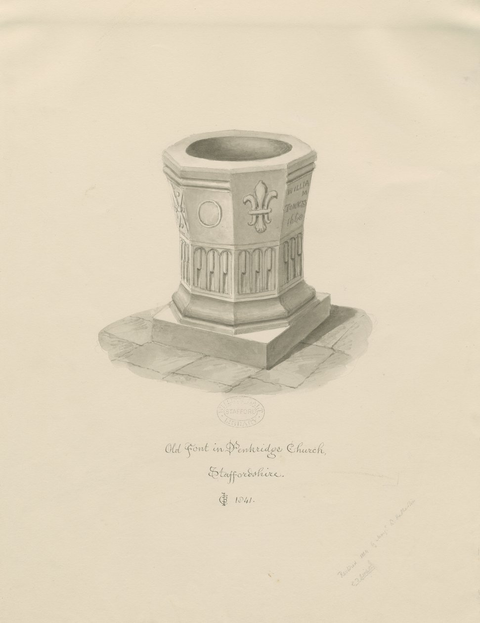 Fonte battesimale nella Chiesa di Penkridge: disegno a seppia, 1841 da John Chessell Buckler