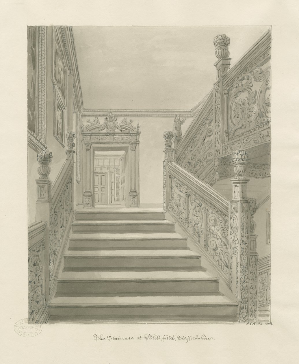 Interno di Blithfield Hall: disegno a seppia da John Chessell Buckler