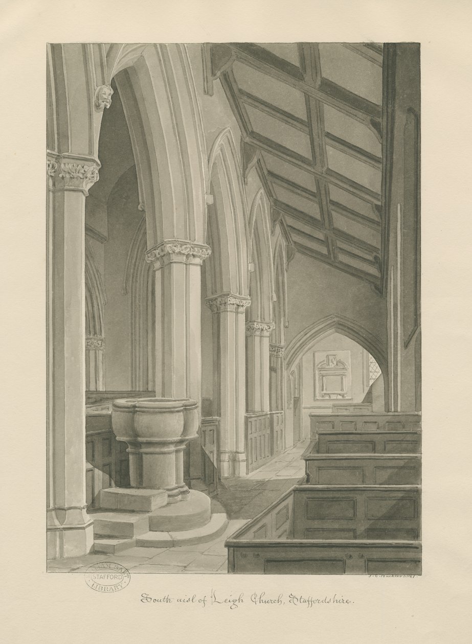 Interno della Chiesa di Leigh: disegno a seppia da John Chessell Buckler