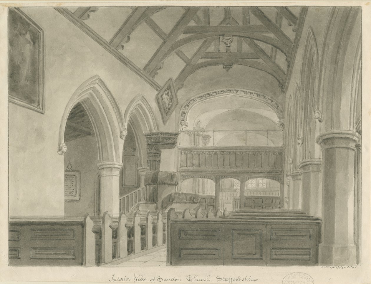 Interno della Chiesa di Sandon: disegno seppia, 1841 da John Chessell Buckler