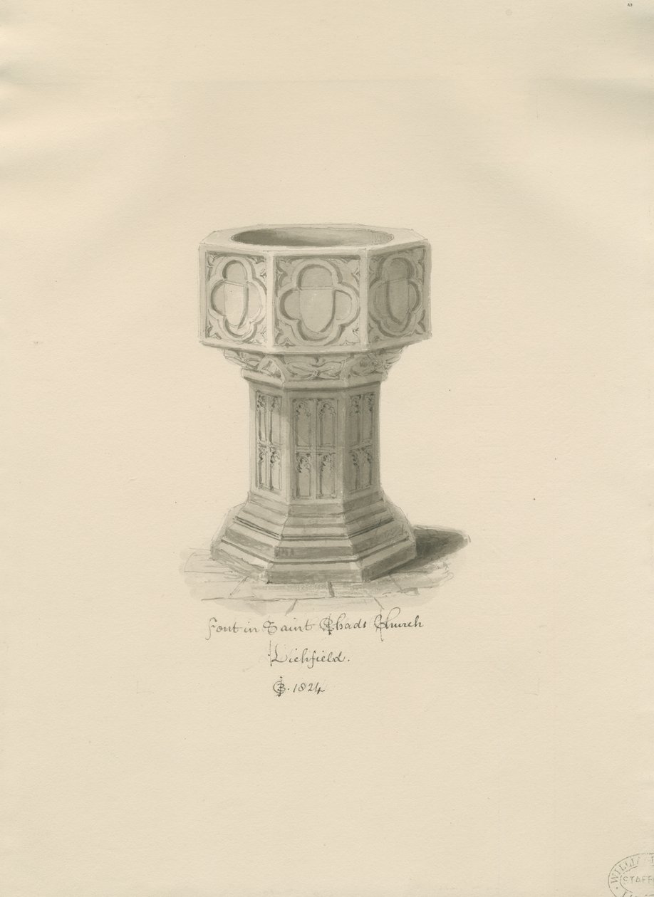 Lichfield - Fonte battesimale nella Chiesa di San Chad: disegno a seppia da John Chessell Buckler