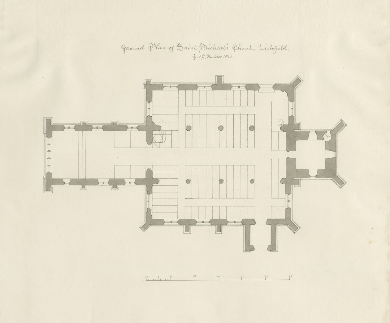 Lichfield - Pianta della chiesa di St. Michael: disegno a penna e seppia da John Chessell Buckler