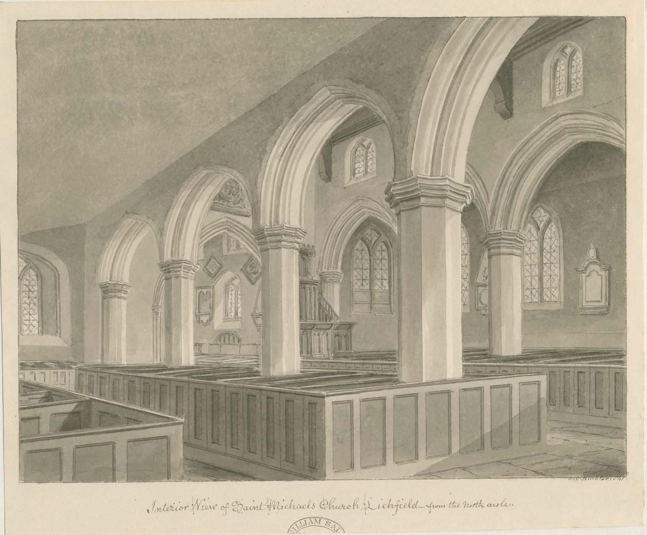 Lichfield - Interno della Chiesa di San Michele: disegno a seppia da John Chessell Buckler