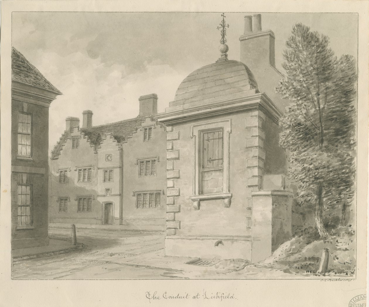 Lichfield - Scuola dei Minori e Condotto: disegno a seppia da John Chessell Buckler