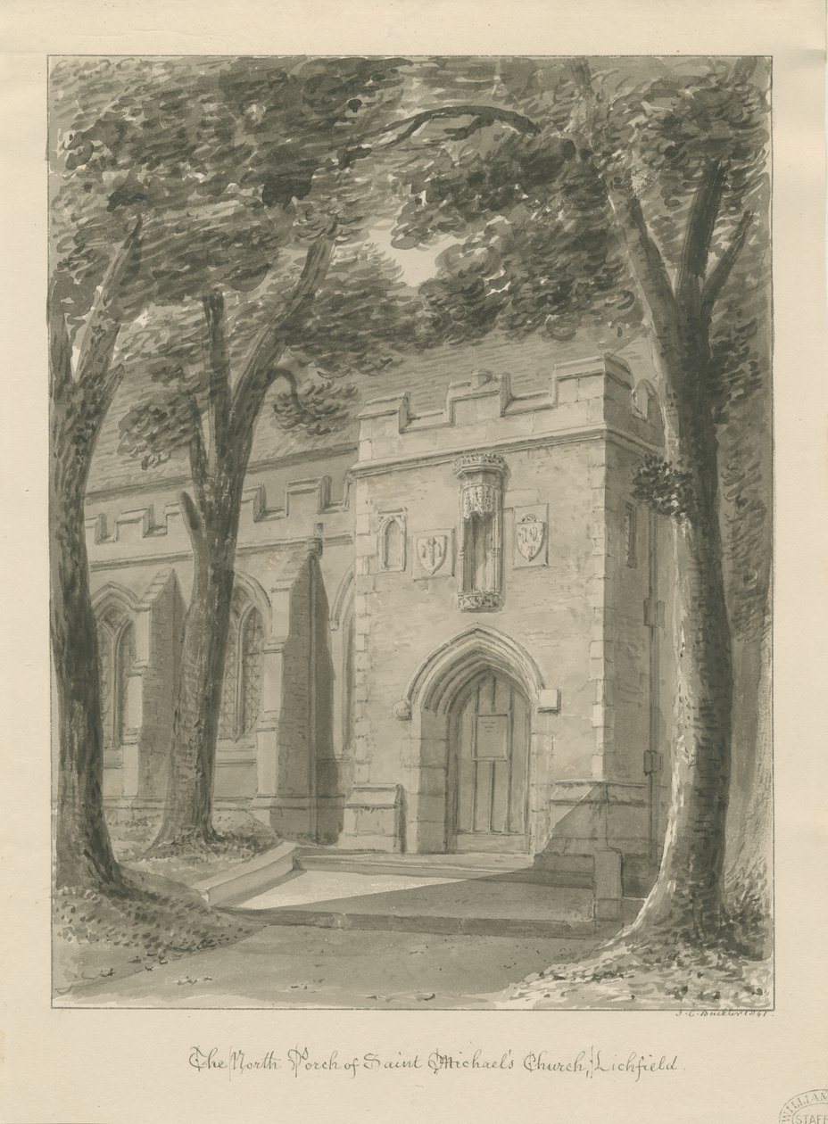 Lichfield - Portico Nord della Chiesa di San Michele (disegno a seppia) da John Chessell Buckler