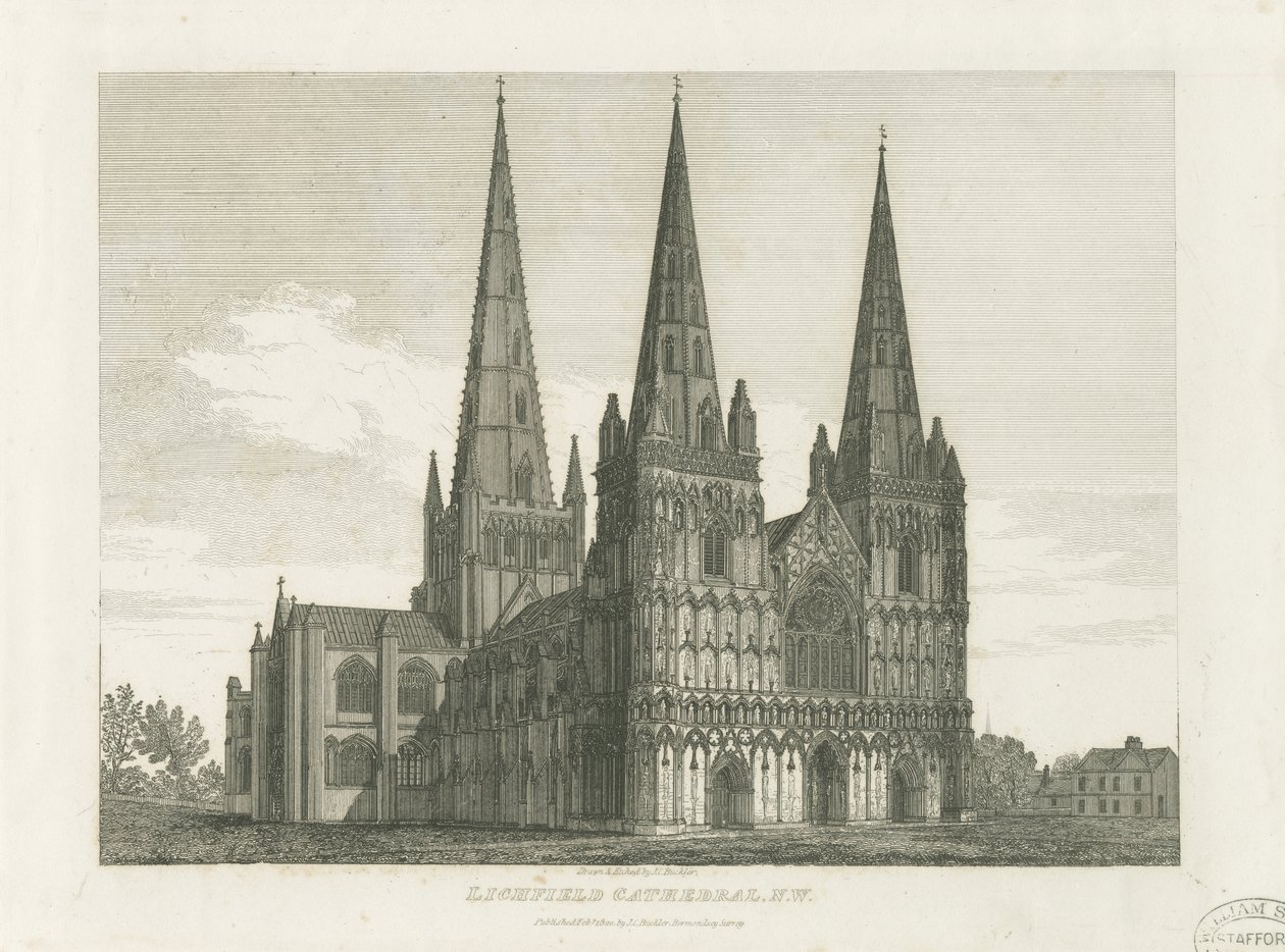 Cattedrale di Lichfield - Facciata Ovest: incisione, nd [c 1820] da John Chessell Buckler