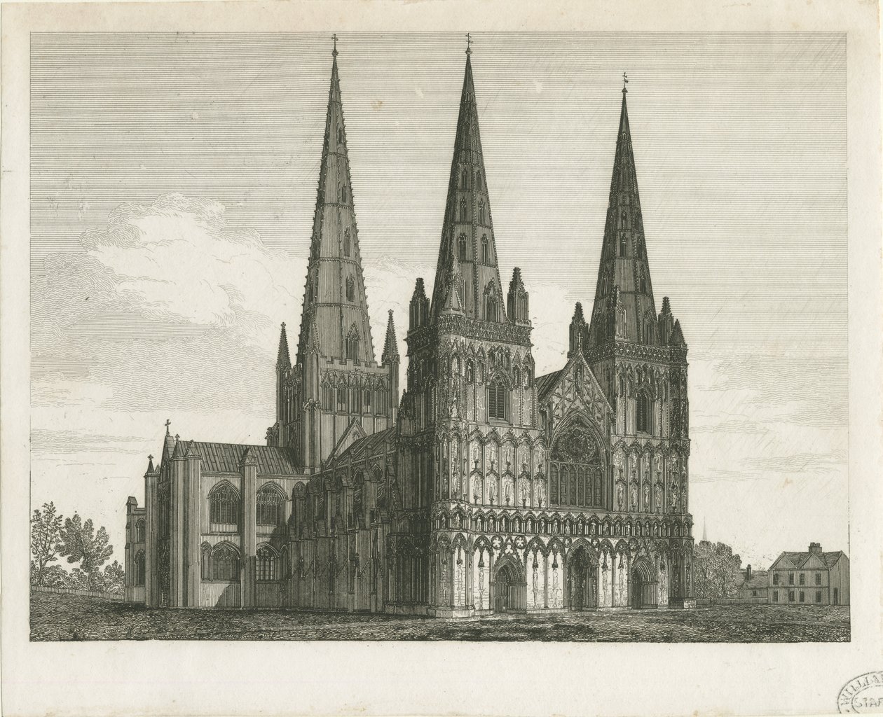 Cattedrale di Lichfield - Facciata Ovest (incisione) da John Chessell Buckler