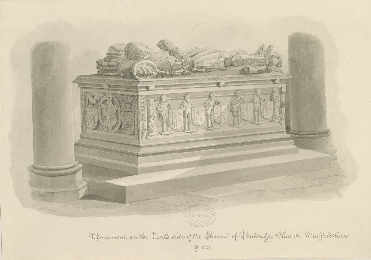 Chiesa di Penkridge - Tomba di [Sir Edward Littleton]: disegno a seppia da John Chessell Buckler