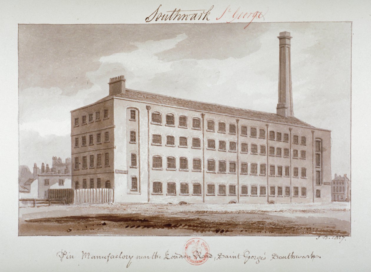 Fabbrica di spilli vicino a London Road, Southwark, Londra, 1827 da John Chessell Buckler