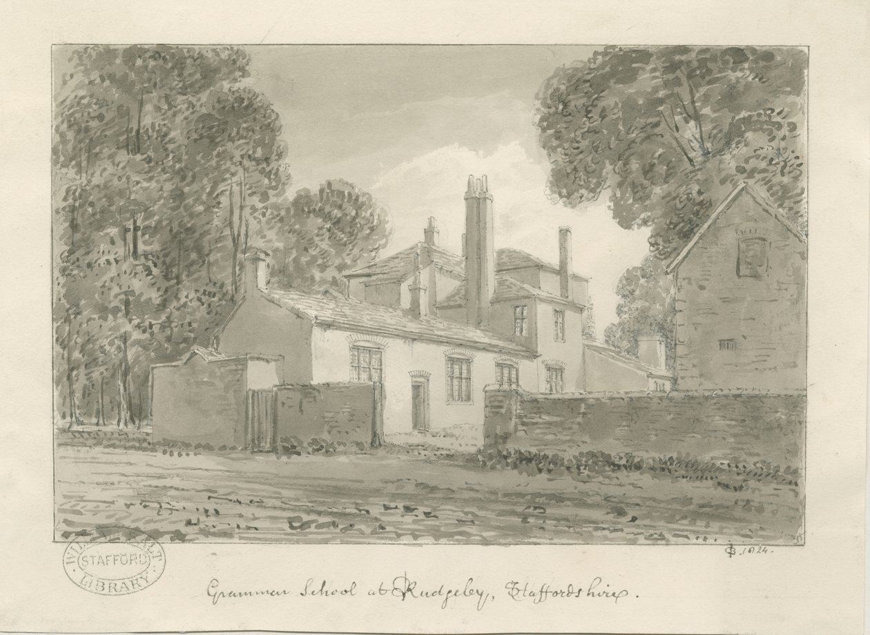 Rugeley Town - Scuola di Grammatica (disegno a seppia, 1824) da John Chessell Buckler