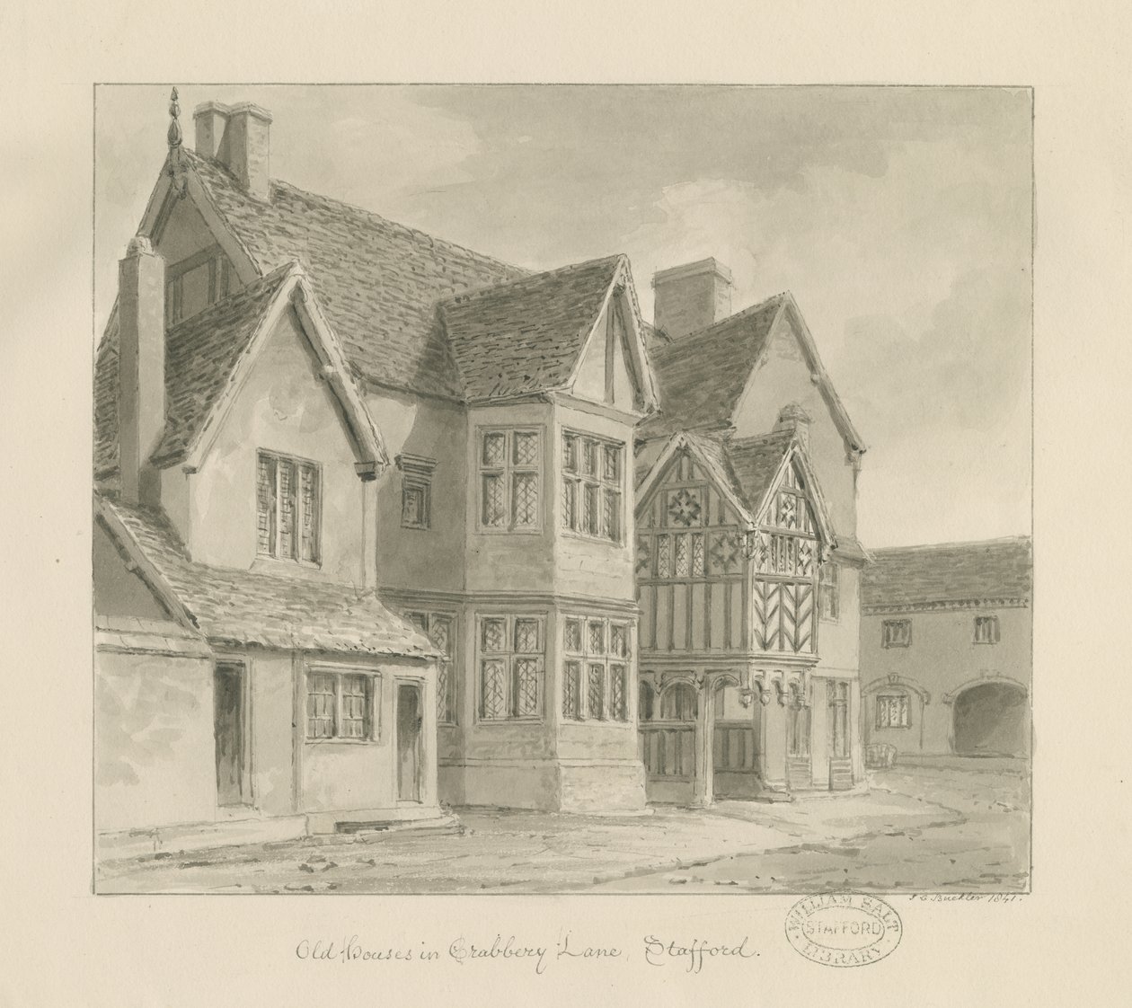 Stafford - Vecchie Case in Crabbery Lane (disegno a seppia, 1841) da John Chessell Buckler