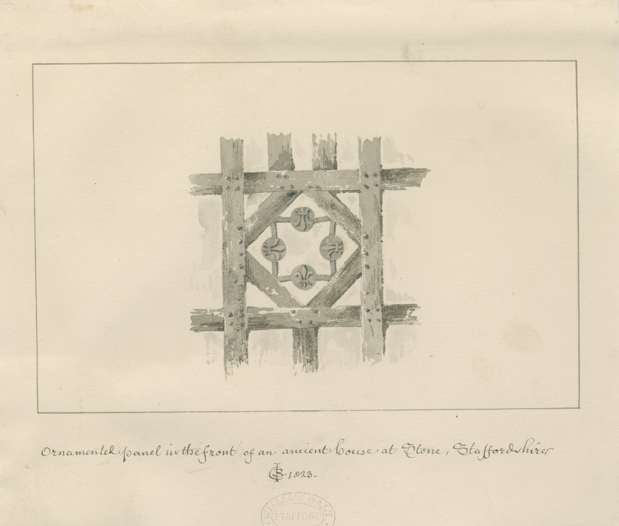Pannello ornamentale in pietra su una casa antica: disegno a seppia da John Chessell Buckler
