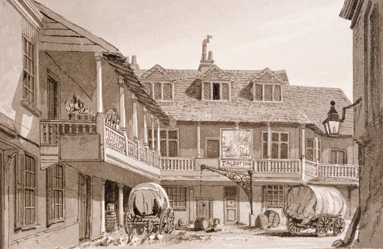 Il Tabard Inn su Borough High Street, Southwark, Londra, 1827 da John Chessell Buckler