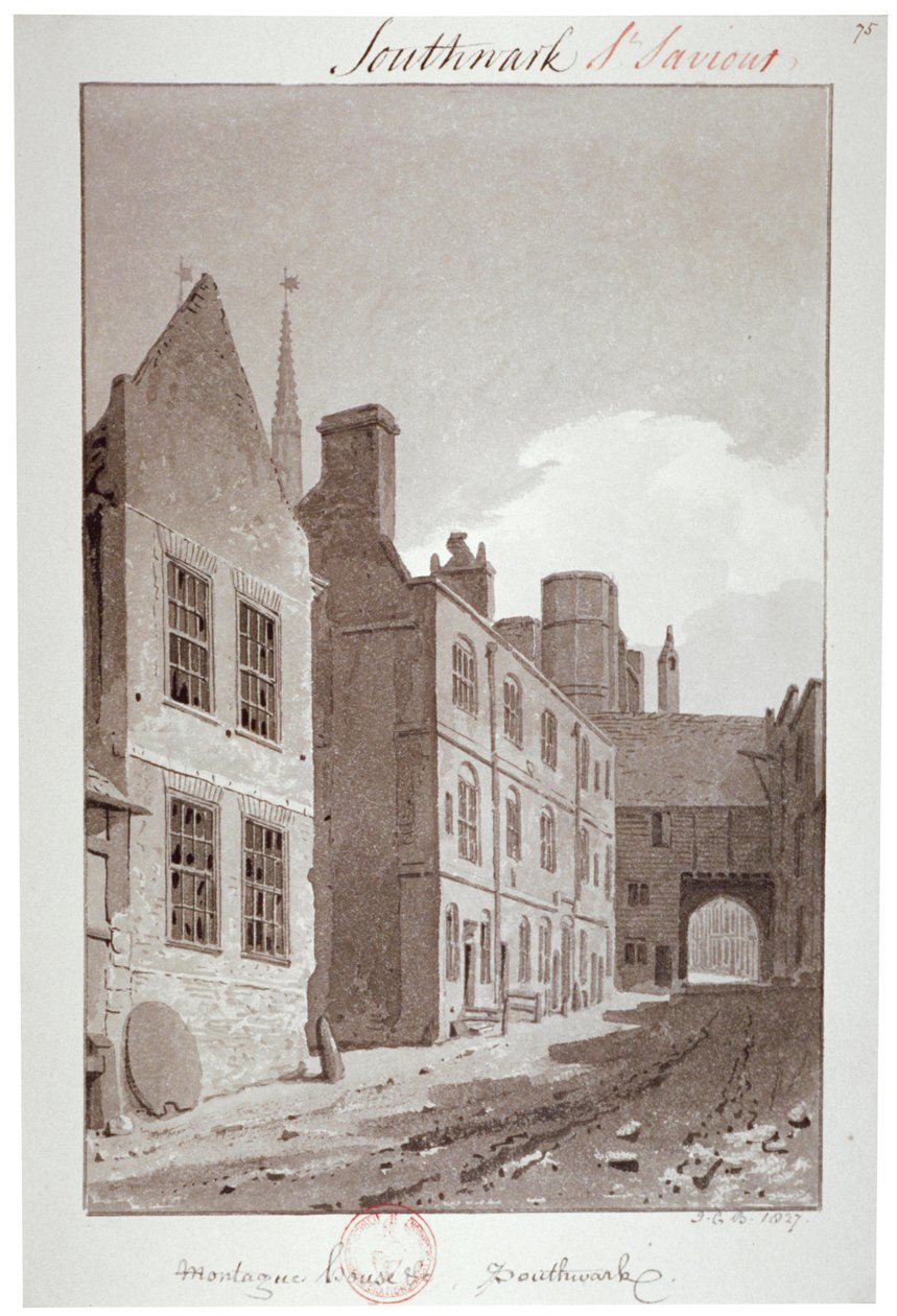 Veduta verso il portale di Montague House, Southwark, Londra, 1827 da John Chessell Buckler