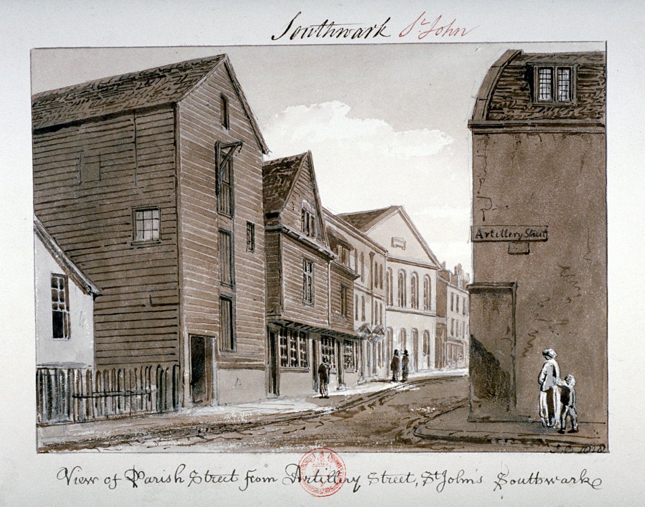 Vista di Parish Street e Artillery Street, Bermondsey, Londra, 1828 da John Chessell Buckler